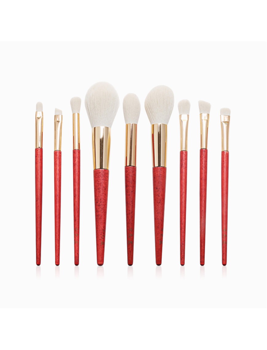 9-piece vegan makeup brush set with wooden handles