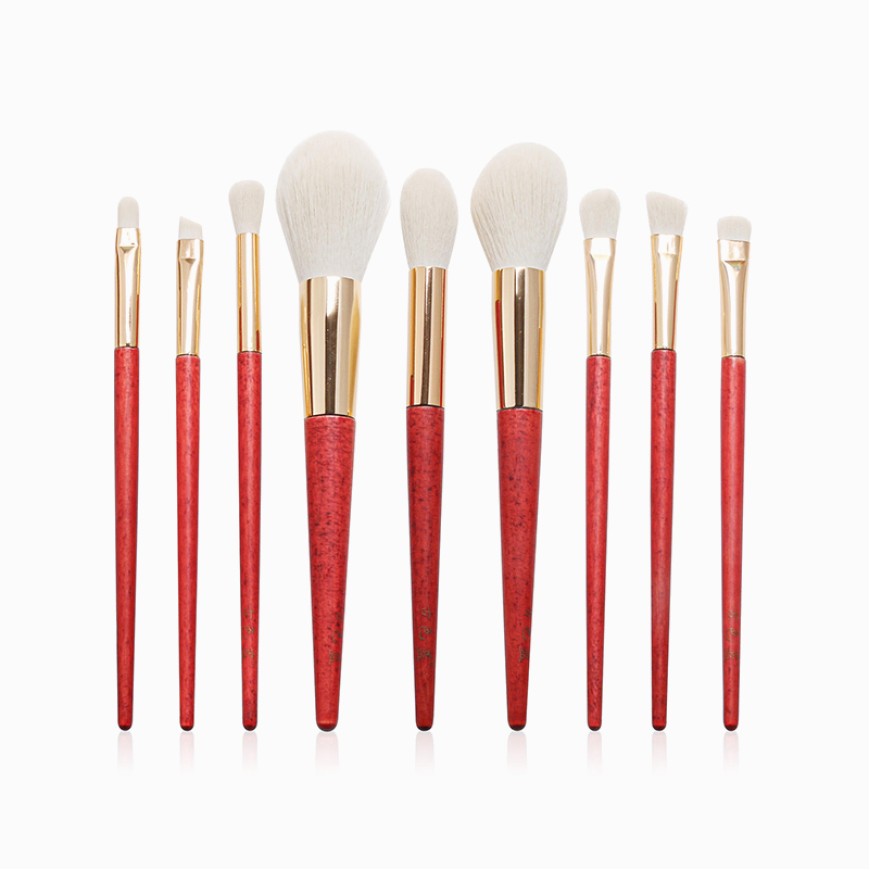 9-piece vegan makeup brush set with wooden handles