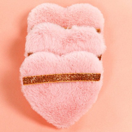 Heart-shaped plush velvet powder puff with glitter ribbon