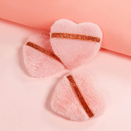 Heart-shaped plush velvet powder puff with glitter ribbon