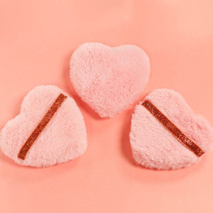 Heart-shaped plush velvet powder puff with glitter ribbon